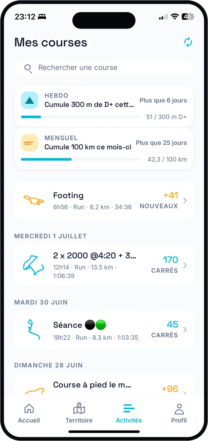 Liste des courses avec les carrés débloqués dans RunQuest