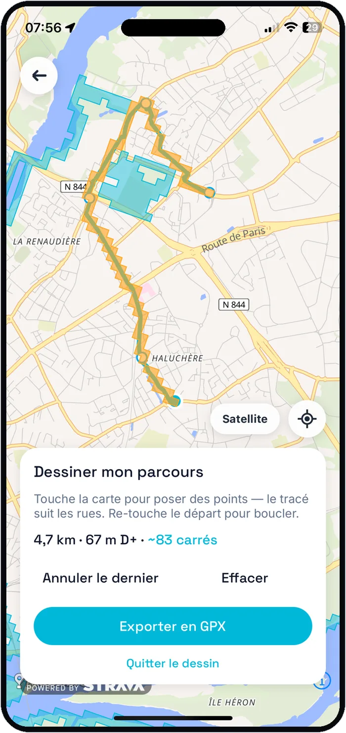 Générateur RunQuest : un parcours dessiné à la main sur la carte, collé aux rues, avec distance, dénivelé et carrés en temps réel