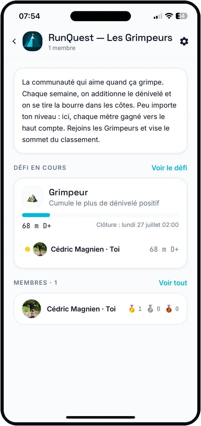 Page d'un groupe public RunQuest « Les Grimpeurs » : présentation de la communauté, défi en cours et classement