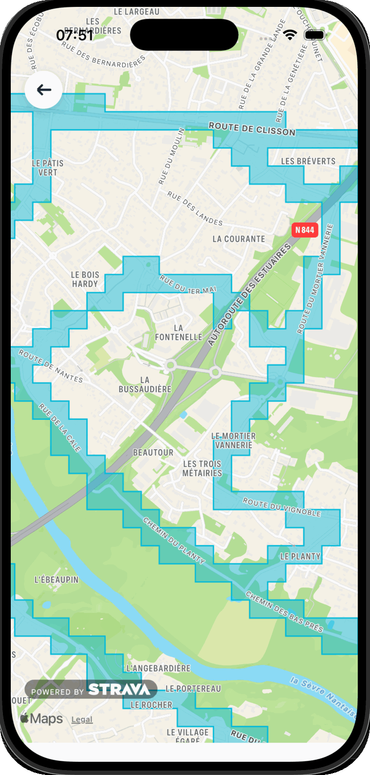 Carte quadrillée RunQuest&nbsp;: les carrés débloqués apparaissent en cyan sur la ville, rue par rue