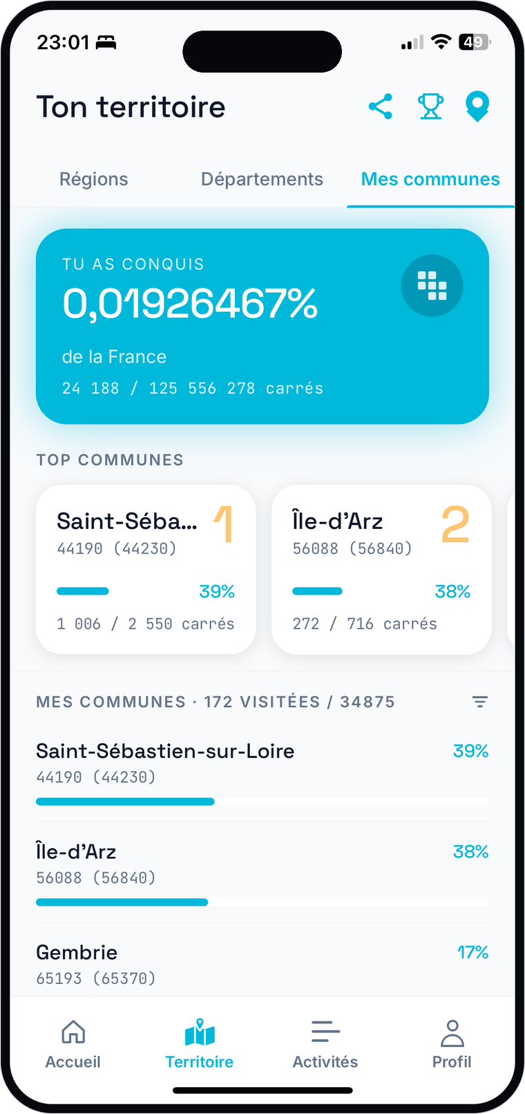 Écran de progression RunQuest : pourcentage de territoire conquis et classement de ses communes