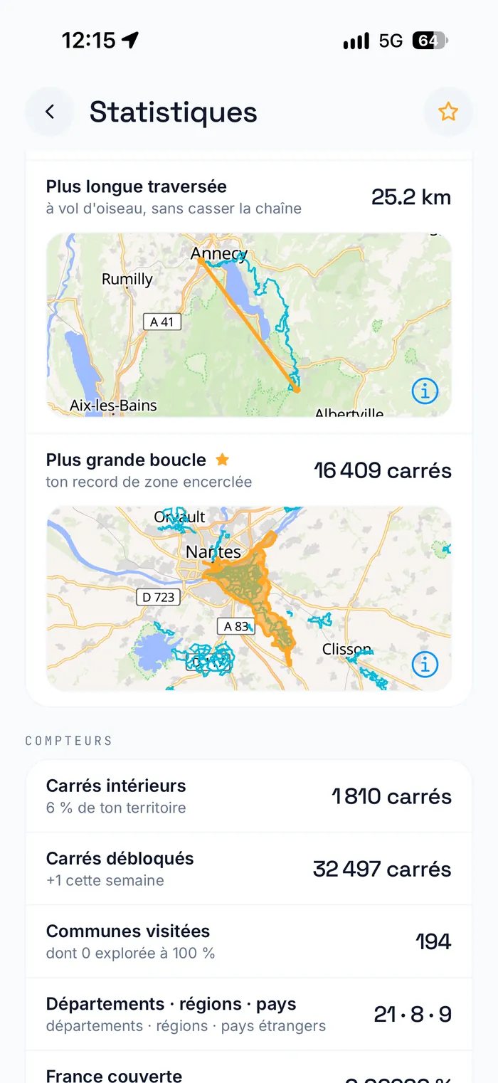 Écran RunQuest : Statistiques — plus longue traversée 25,2 km et plus grande boucle, puis les compteurs